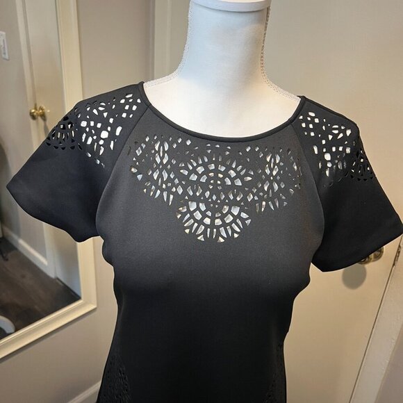 T Tahari Black Laser Cut Scallop Trim Midi Dress, Size 4 - Picture 2 of 16